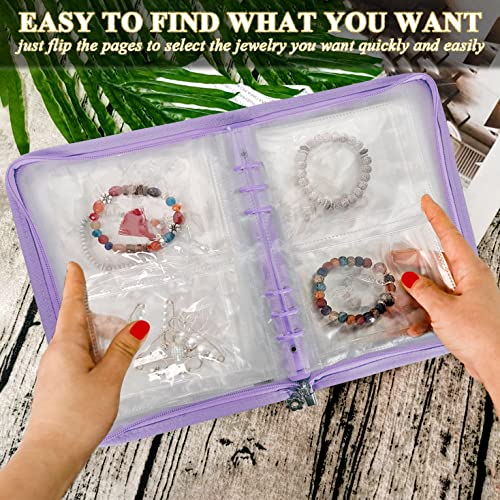 Bracelet Holder Travel Jewelry Organizer Case Transparent Jewelry Storage Book for Earring Necklace Ring with Small Clear Zippered Pouch - color: Purple,48 PCS Large Bags
