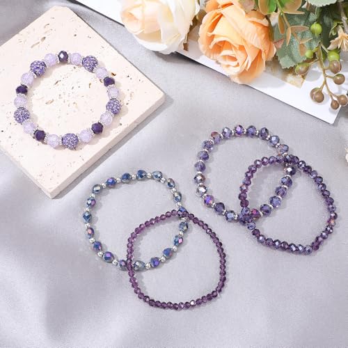 5Pcs Beaded Bracelets for Women, Bohemian Glass Faceted Crystal Beads Bracelet, Stackable Boho Disco Ball Stretch Bracelets, Multilayered Purple Jewelry Gift for Women, Mother's Day - color: Purple