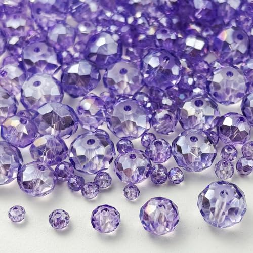 600pcs Crystal Glass Beads 3mm 4mm 6mm 8mm 10mm Rondelle Faceted Crystal Beads Spacer Beads for Necklace Bracelet Earrings DIY Jewelry Crafts Making Supplies(Crystal Purple AB) - color: Crystal Purple AB