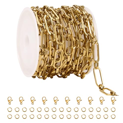SMYHTGLIF 9.8 Feet Gold Plated Paperclip Chain for Jewelry Making Stainless Steel Chain Bulk Roll Craft Jewelry Making Supplies - color: Paperclip Gold