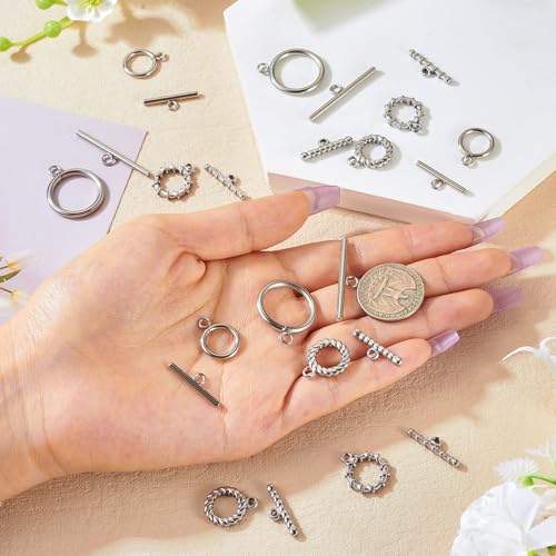 12 Sets OT Toggle Clasps Stainless Steel Toggle Jewelry Clasps T-Bar Closure Clasp Fastener IQ End Connectors for DIY Necklace Bracelet Jewelry Making - color: Stainless Steel-OT Clasp