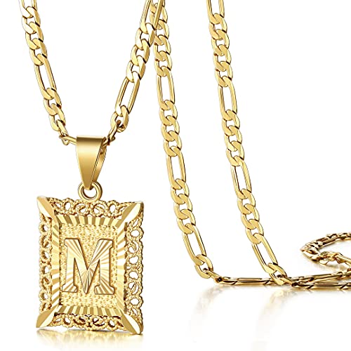 KissYan Initial Letter Pendant Necklace for Men Women, 14K Gold Plated Square Capital Monogram Necklace Alphabets from A-Z Figaro Chain Jewelry - color: 1-Gold, style: M