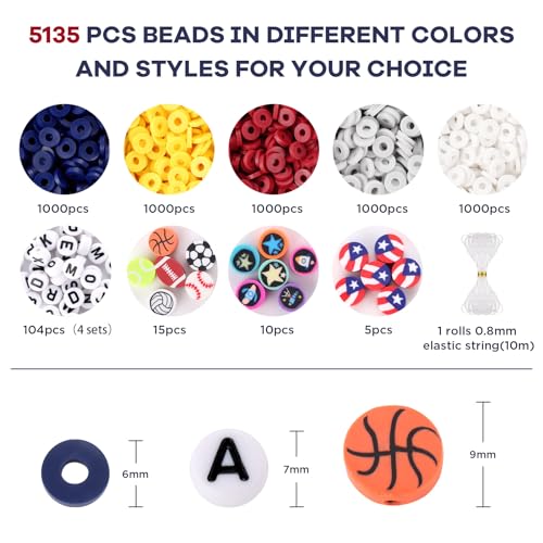 Red White and Blue Clay Beads, Clay Beads for Bracelet Making, Funtopia 5000 Pcs Heishi Flat Round Bead, Friendship Bracelet Kit with Letter Sports Bead, Birthday DIY Craft for Boys Adults - color: 10.Red white and blue