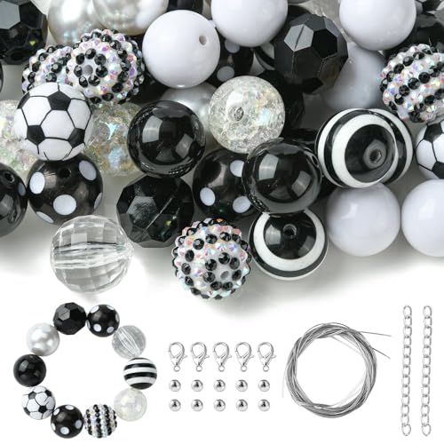 DanLingJewelry 50Pcs Random 20mm Acrylic Round Football Sport Theme Soccer Ball Bubblegum Beads for Bracelet Jewelry Making - color: 50pcs - football