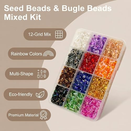 Jabrand 12 Colors Seed Beads and Bugle Beads Kit, 120g/6000pcs Mixed Craft Glass Beads for Bracelets Jewelry Making Clothing DIY