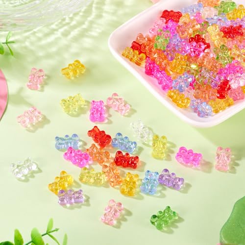 150Pcs Acrylic Gummy Bear Beads Clear Fake Gummy Bear Cute Candy Animal Kandi Bracelet Beads Flat Back Cabochons for Crafts DIY Jewelry Making Supplies 10 Colors 18x12mm - color: 11 Colors