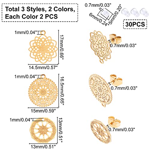 UNICRAFTALE 12pcs 3 Shapes 304 Stainless Steel Stud Earring Findings Mixed Shapes Stud Earring Findings Golden Stainless Steel Color Earrings Metal Ear Studs for DIY Jewelry Making Pin 0.7mm - color: 2 Colors/3 Styles Flower