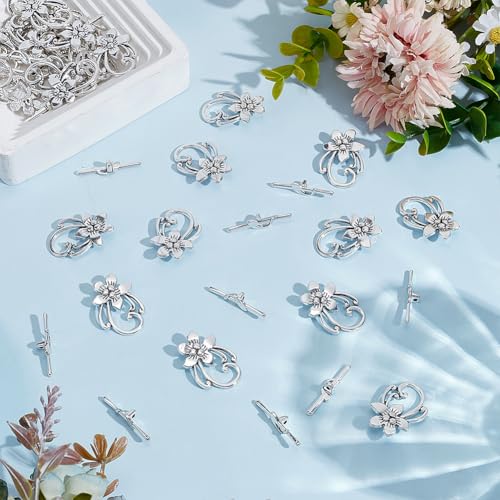 30Pcs Toggle Jewelry Clasps Antique Silver Flower T-bar Closure Metal Bar and Ring Connectors End Clasps for Jewelry Making Pendants Bracelet Necklace Earring DIY Crafts 28x20mm