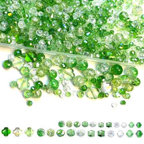 1000pcs Green Glass Beads for Jewelry Making - Assorted Size and Styles (Bicone, Rondelle, Suquare, Four-Leaf Clover, Crackle Round) Craft Crystal Beads for Bracelet Necklace Earring with 1 Box