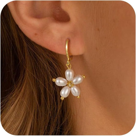 Gold Pearl Dangle Earrings for Women, 14K Gold Plated Small Pearl Drop Huggie Hoop Earrings, Hypoallergenic Dainty Gold Earrings Wedding Jewelry Gifts for Women Trendy