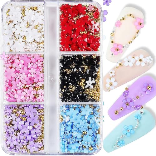 3D Colorful Flower Nail Charms,Flowers Acrylic Nail Charms with Metal Golden Round Beads for Nails Art DIY Accessories