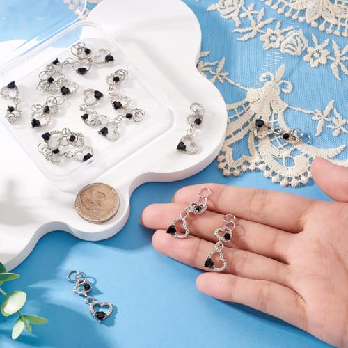 FASHEWELRY 15Pcs Crystal Rhinestone Heart Pendants, Hollow Heart Alloy Dangle Charms Black Glass Love Charms Platinum for DIY Valentine's Day Necklace Earring Jewelry Making - color: Heart-Black