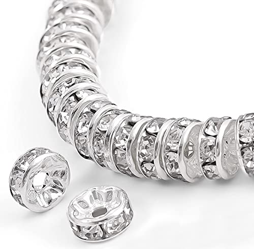 200Pcs 6mm Rondelle Spacer Beads Silver Plated Crystal Rhinestone for Jewelry Making Loose Beads for Bracelets - color: silver, size: 6mm