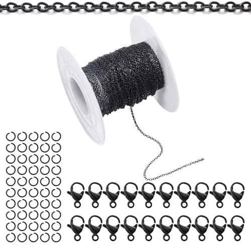 33Feet Black Stainless Steel Necklace Chains Cable Link Chains for Jewelry Making DIY Craft Kit with Lobster Clasps Jump Rings - color: 33Feet-Black, size: 1.0mm