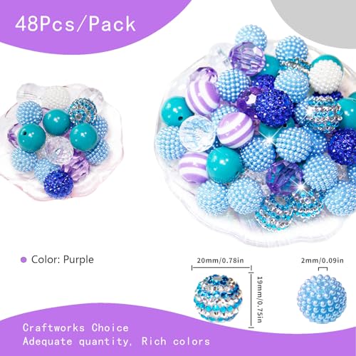 Exway 48 Pcs 20mm Purple Acrylic Resin Rhinestone Bubblegum Beads - Round, Large, Sparkly Craft Beads for Pen, Beadable Keychain, Bracelet, Necklace - DIY Jewelry Making Supplies - color: Purple