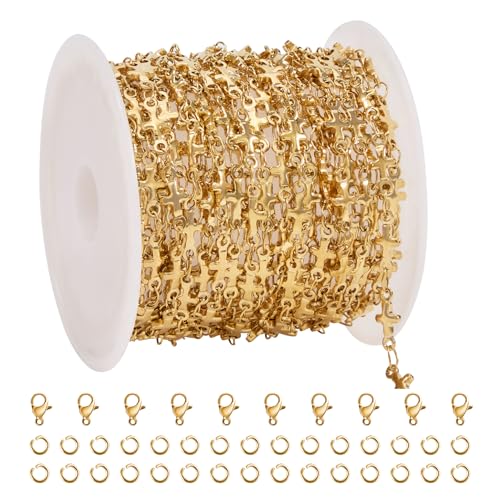SMYHTGLIF 13 Feet Gold Cross Chain for Jewelry Making Stainless Steel Chain Bulk Craft Jewelry with Lobster Clasps and Jump Rings - color: Cross Gold