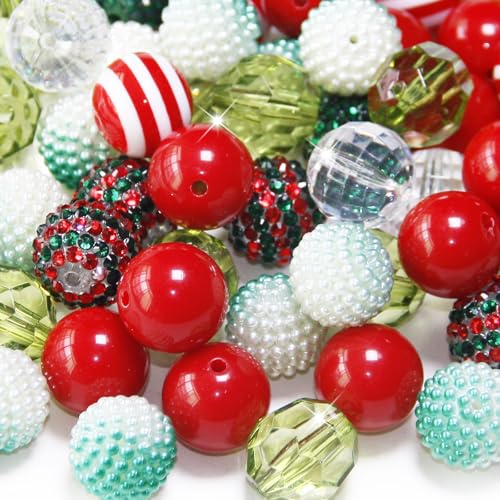 Exway 48 Pcs 20mm Red Green Acrylic Resin Rhinestone Bubblegum Beads, Round, Large, Sparkly Craft Beads for Pen, Beadable Keychain, Bracelet, Necklace, DIY Jewelry Making Supplies - color: Christmas