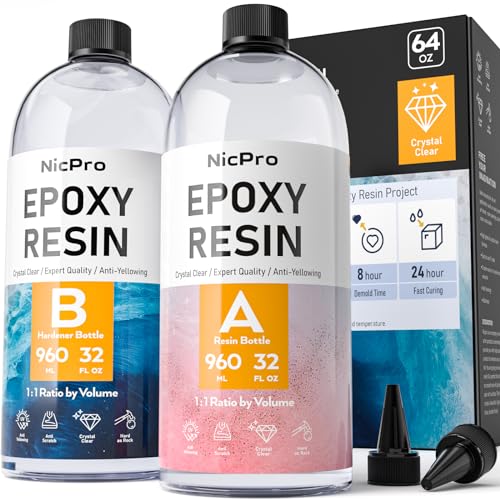 Nicpro 64 Ounce Crystal Clear Epoxy Resin Kit, Food Safe DIY Starter Epoxy Resin for Craft, Canvas Painting, Molds Pigment Jewelry Making, Resin Coating and Casting - size: 64oz
