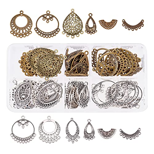 SUNNYCLUE 1 Box 72Pcs 2 Colors 6 Styles Tibetan Style Chandelier Component Links Charms Vintage Alloy Oval Teardrop Pendants Earring Findings for Women Adults DIY Jewelry Earring Making - color: 72pcs 2 Colors 6 Styles