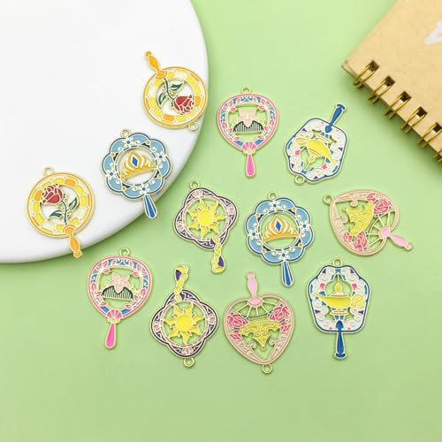 Sailanzi 12pcs Alloy enamel fan style rose sun Pendant Jewelry Making DIY Keychain Earrings Pendant Various Design Charms for Jewelry Making Bracelets Necklace (SN732) - color: SN732