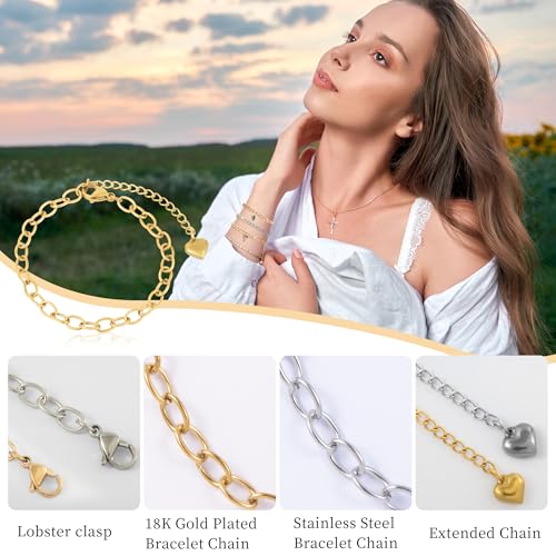 Wurosi 24PCS 6.3Inch Chain Bracelets Kit 18K Gold Plated Charm Bracelet Chains Stainelss Steel Charm Bracelets with Heart Lobster Clasp Extender Chain for Women Jewelry Bracelet Making - color: Bracelets 24 PCS Gold+Silver
