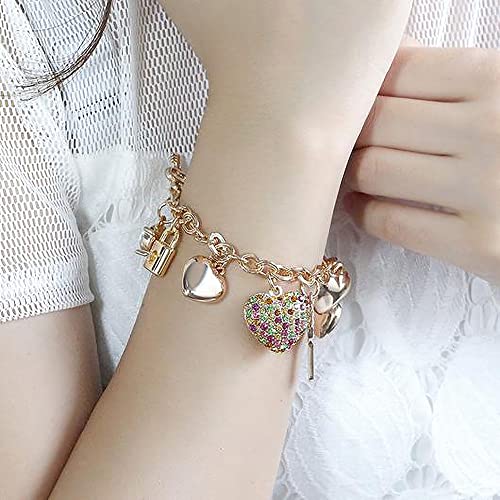 SILANER Gold Chain Link Bracelet - 7"+ 2" Extender 14K Gold Plated Love Locked Bracelets for Women, with Crystal, Love Heart,Key, Lock, Charm Bracelet - color: Multicolor Crystal Love Locked Gold Charm