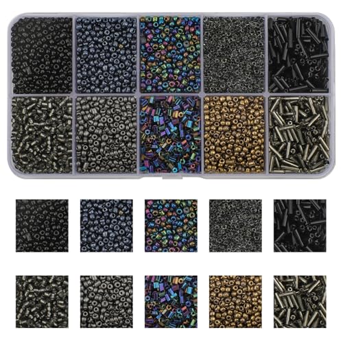 Approx 5000pcs 12/0 Glass Seed Beads for Jewelry Making, 2mm Mix 10 Colors Tube Beads Glass Bugle Beads Waist Beads Kit for Bracelets Necklaces Earrings DIY Supplies (Black) - color: Black