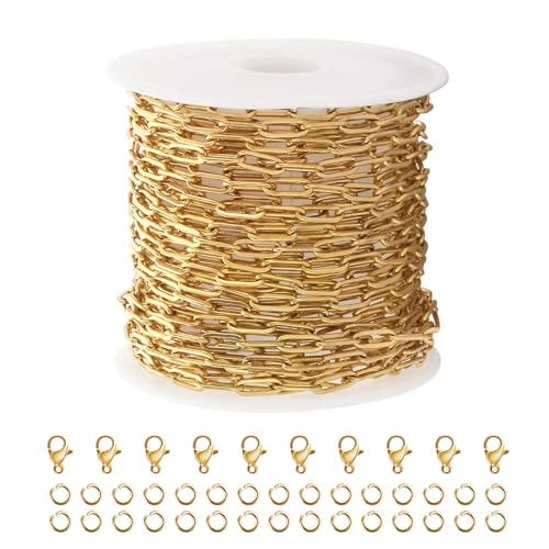 Kyutong 5M Gold PVD Plated Necklace Chain for Jewelry Making 304 Stainless Steel Paperclip Chain Roll with Lobster Clasps and Jump Rings for Men Women Making Jewelry Craft Support Jewelry Findings - color: 3mm Paperclip Gold