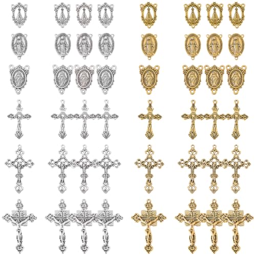 SUNNYCLUE 1 Box 48Pcs 12 Styles Rosary Cross and Centerpiece Rosary Crucifix Charms Tibetan Gold Silver Bronze Cross Amulet Chandelier Links Pendants for Jewelry Making DIY Necklace Bracelets Crafts - style: Rosary Charm 3
