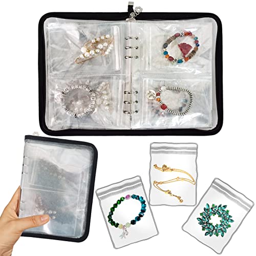 Bracelet Holder Travel Jewelry Organizer Case Transparent Jewelry Storage Book for Earring Necklace Ring with Small Clear Zippered Pouch - color: Black,48 PCS Large Bags