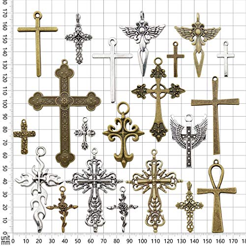 Youdiyla 100g Big Cross Pendants Collection - Antique Bronze Silver Sword Holy Angel Jesus Peace Cross Crucifix Metal Charms for Jewelry Making DIY Findings (HM23)