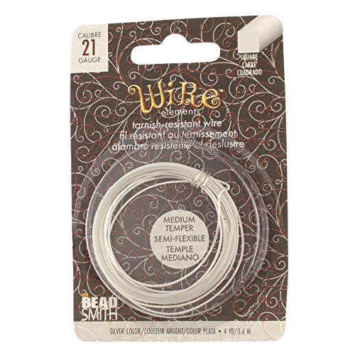 The Beadsmith Square Craft Wire - Medium Temper Beading Wire, Silver Color, 21 Gauge, 4 Yards - color: Silver, size: 21 Gauge, 4 Yard Coil