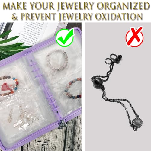 Bracelet Holder Travel Jewelry Organizer Case Transparent Jewelry Storage Book for Earring Necklace Ring with Small Clear Zippered Pouch - color: Purple,48 PCS Large Bags