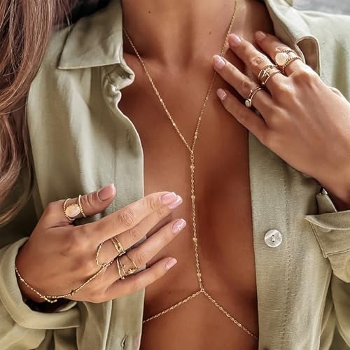 Body Chain,Body Jewelry for Women,Sexy Layered Chest Chain,Layered Adjustable Waist Jewelry for Beach Accessories,Gold Plated Waist Chains - color: Gold-E