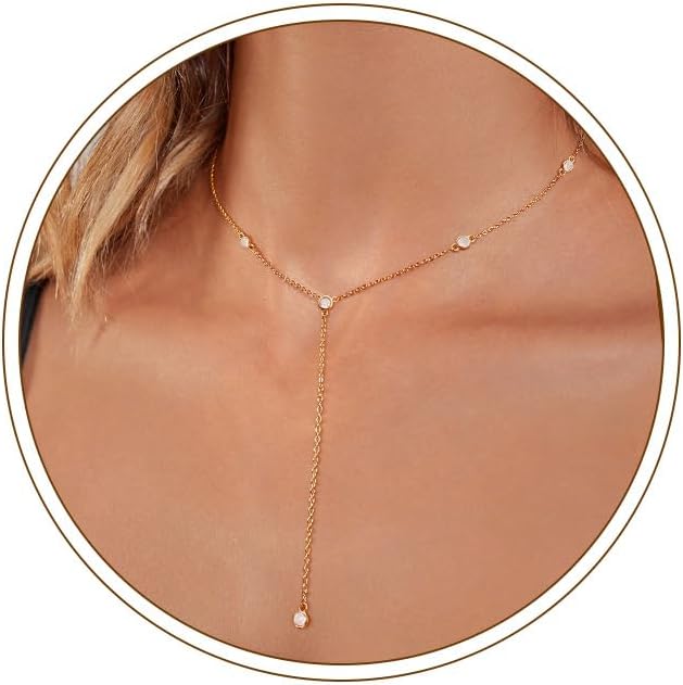 Lariat Gold Necklace for Women Dainty Long Necklace 14k Gold Plated/Silver Y-Shaped Pendant Drop Chain Trendy Layered Pearl/Beaded/CZ Necklaces Simple Gold Jewelry For Women Gift