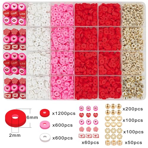 MIIIM Red Clay Bracelet Kit - Heishi Beads, Clay Charms, Gold Spacer Beads - Jewelry Making & Friendship Bracelet Kit for Valentine's Day, Crafts, Raves, Gifts - color: Red