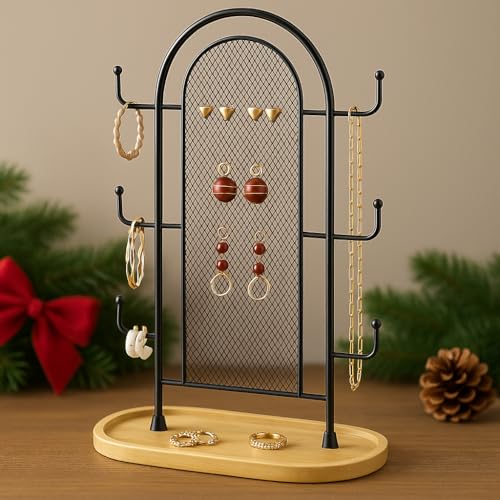 bussdis Jewelry Holder Organizer Earring Display - Stands Earring Storage Earring tree Hanger Jewelry Towers Rack with 6 Hooks 300 Stud Holes Wood Tray for Necklaces Bracelets Rings - color: Black