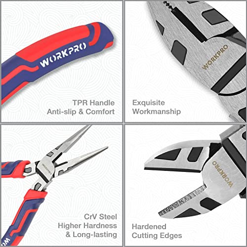 WORKPRO Pliers Set, Premium Cr-V Construction, Includes 6 Inch Slip Joint, Long Nose, Diagonal Cutting, 8 Inch Groove Joint, 7 Inch Linesman and Storage Pouch, for Basic Repair - size: 5-piece