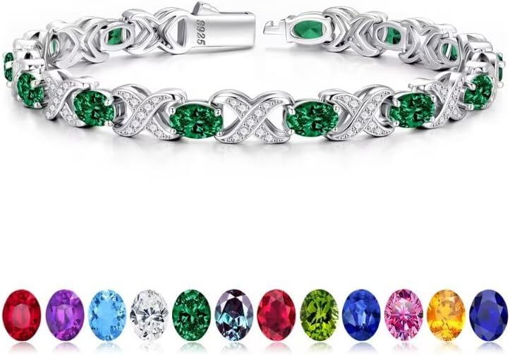 Iefil Valentines Day Gifts for Her, Oval Birthstone Tennis Bracelets for Women Wife Unique X O Design Fine Jewelry Anniversary Birthday Gift 925 Sterling Silver Birthstone Jewelry for Mom Girlfriend