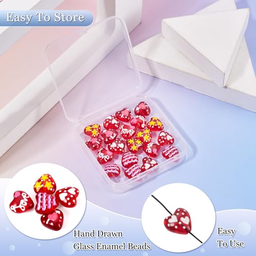 Red Heart Beads Glass Cute Heart Hand Drawn Beads Craftdady 20Pcs Love Loose Spacer Beads Red Bracelet for DIY Earring Necklace Jewelry Making-14mm - color: Red