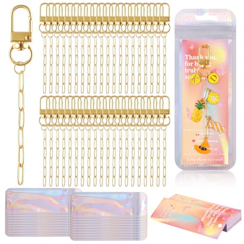 Wurosi 50 Set Paperclip Keychain Making Kit, Bag Charm Kit, 50 Keychain Clips, 50 Extender Chain, 50 Resealable Pouch Bag, 50 Thank You Cards, 5M Hemp Rope, Jewelry Making Kit for DIY Keyrings Charms - color: 50 Set Keychain Making Kit