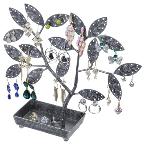 MyGift Jewelry Tree w/Bird Nest 48 pair Earrings Holder, Bracelets/Necklace Organizer Stand (Silver Metal) - color: Silver Metal