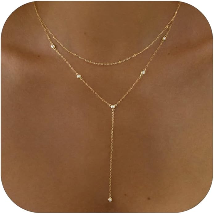 Gold Necklace for Women, Dainty Gold Long Necklaces 14k Gold Plated Prom Lariat Necklace Cute Choker Necklaces for Women Trendy Stuff Fashion Costume Gold Accessories Christmas Jewelry Gifts