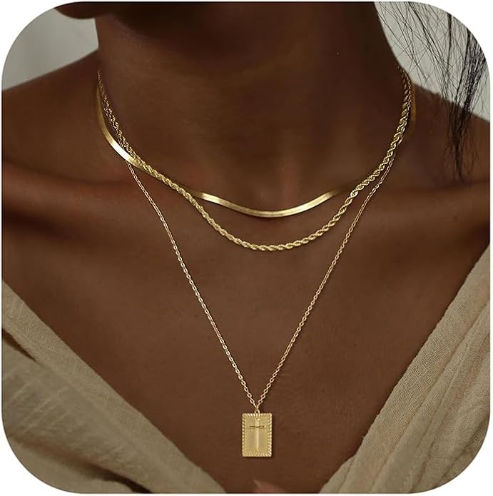 Evabelle Gold Layered Necklace for Women Trendy Jewelry 14K Real Gold Plated Chunky Chain Stackable Necklaces Dainty Choker Necklaces Rectangle Square Pendant