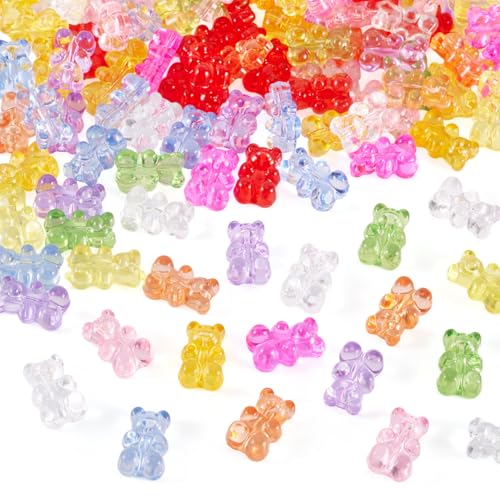 150Pcs Acrylic Gummy Bear Beads Clear Fake Gummy Bear Cute Candy Animal Kandi Bracelet Beads Flat Back Cabochons for Crafts DIY Jewelry Making Supplies 10 Colors 18x12mm - color: 11 Colors