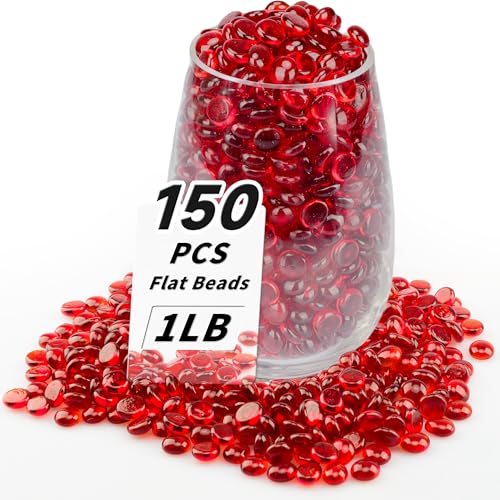 1 LB Red Flat Glass Beads, 150 PCS Small Glass Marbles, Mini Flat Round Pebbles for Vase Filler and Floral, Fish Tank Rocks Decorative Gemstones for Home and Aquarium Décor - color: Red