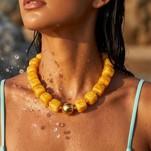 Mchic Colorful Beaded Choker Necklace for Women: Boho Large Square Acrylic Beaded Necklace Stainless Steel Adjustable Surfer Beach Strand Necklaces Summer Handmade Jewelry Gift for Women - color: Yellow