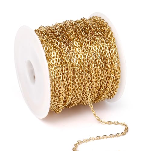 33 Feet 18K Gold PVD Plated Stainless Steel Cable Chain Bulk, 2mm 304 Stainless Steel Flat Cable Link Chains Roll Spool for Jewelry Making Necklace DIY Craft - color: Gold Color, size: 2.0mm width
