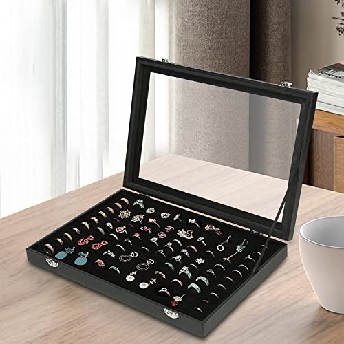 OSPNIEEK Ring Jewelry Organizer Box, 100 Slot Rings Display Storage Case Earring Showcase - Black Velvet Jewelry Stand Holder Tray with Transparent Glass Lid - Ideal Gift for Women Girls - size: 100 Slot