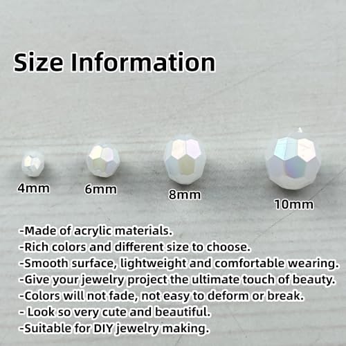 1800pcs Acrylic Faceted Round Beads 4mm 6mm 8mm 10mm AB Colors Glossy Acrylic Round Spacer Beads with Hole for DIY Bracelet Necklace Jewelry Making Supplies Handmade Craft(White AB) - color: White AB